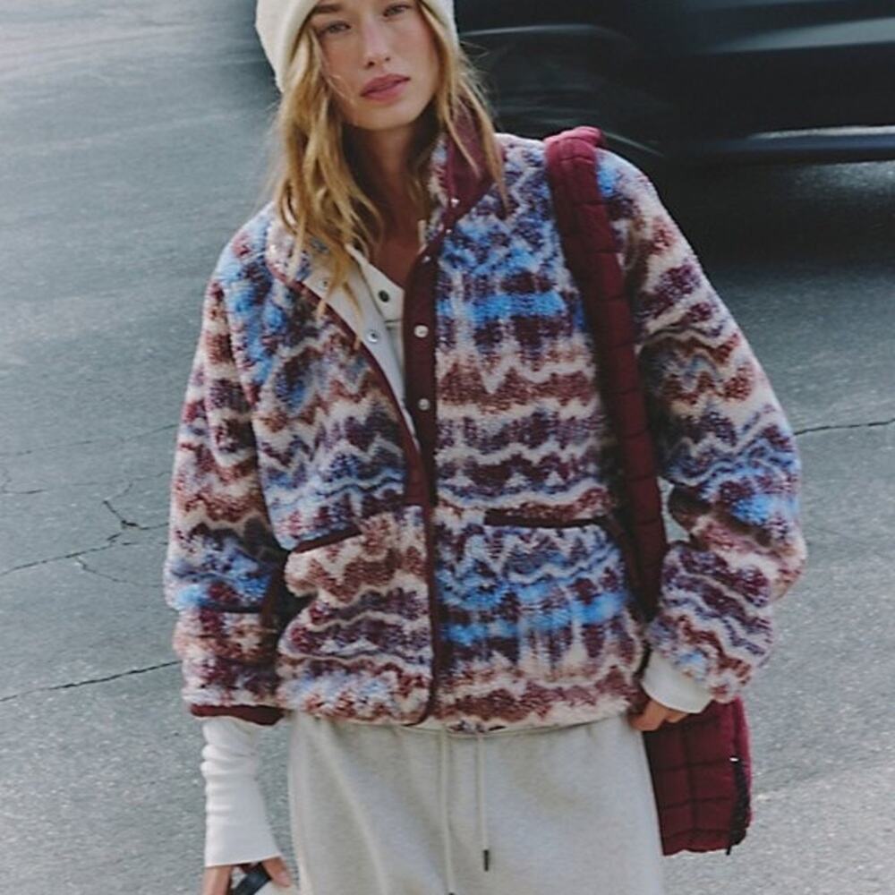 Free People Hit The Slopes Printed Fleece Jacket Denim Combo